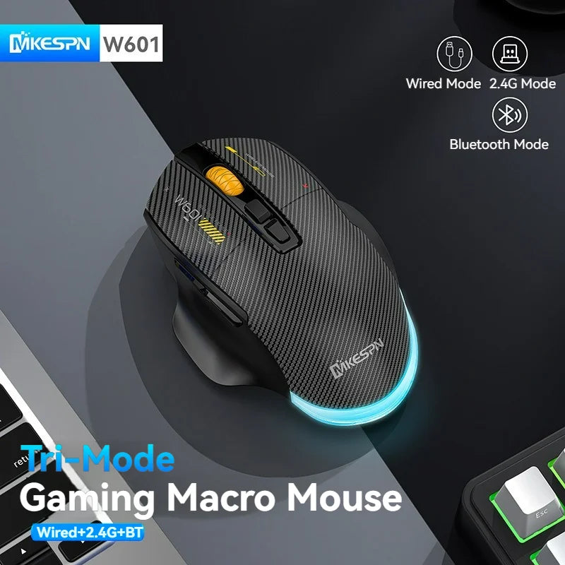 12800DPI Tri-Mode Wireless Gaming Mouse with Bluetooth, 2.4G & Wired Connection, Macro Programming, Carbon Fiber Design, 7 Keys Rechargeable Mouse