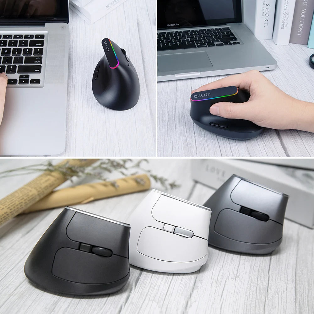 Delux Ergonomic Vertical Mouse Rechargeable Wireless Bluetooth RGB Mouse, 4000 DPI Silent Ergonomic Vertical Mouse for Laptop, PC & Gaming