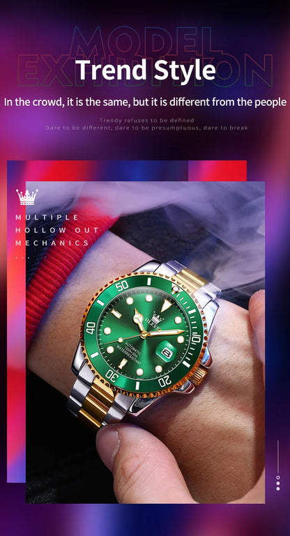 Montre pour homme OLEVS 6650 : montre mécanique automatique classique d'origine pour homme, cadran en zircon, étanche, luminescente, en acier inoxydable