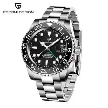 Montre mécanique pour homme PAGANI DESIGN (40 mm) – Cadran violet, fonction GMT, bracelet type Jubilee, verre saphir, étanche, mouvement automatique