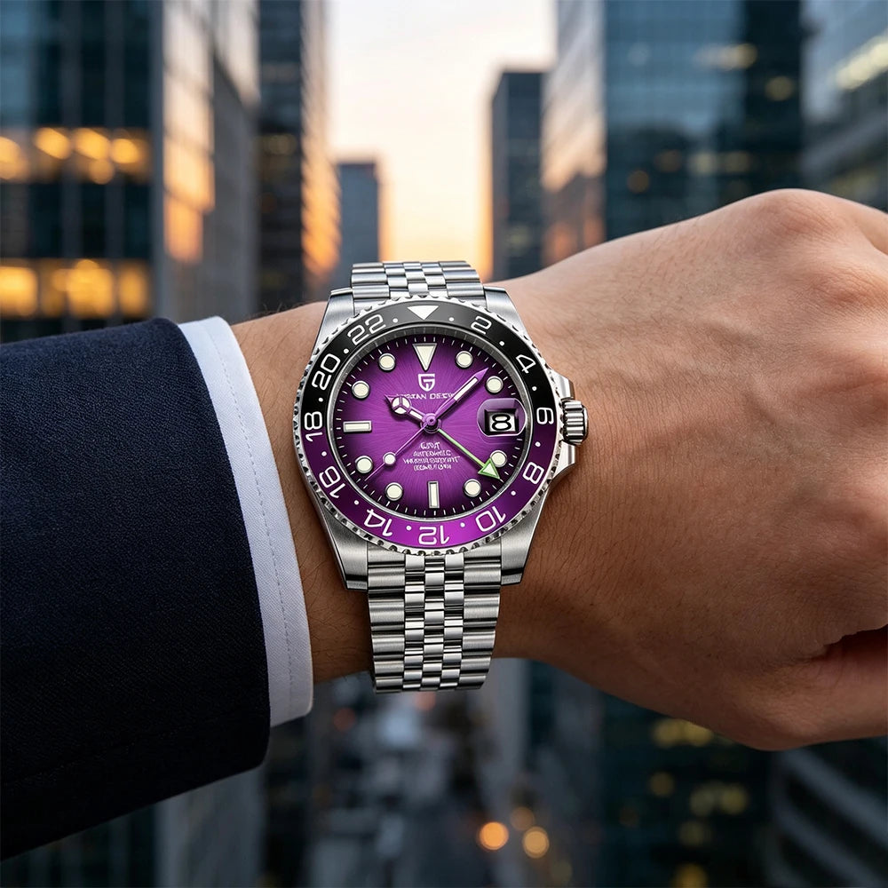 Montre mécanique pour homme PAGANI DESIGN (40 mm) – Cadran violet, fonction GMT, bracelet type Jubilee, verre saphir, étanche, mouvement automatique