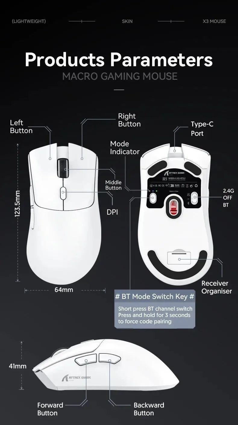 ATTACK SHARK R1 59g Ultra-Light Mouse with PAW3311, 18000 DPI, 400 IPS, 40G, 1000Hz, Tri-Mode, Broadcom BK3633 Master, 20 Million Times