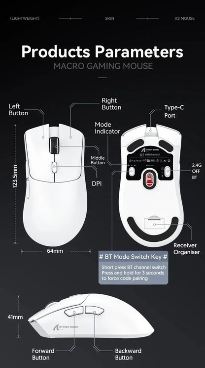 ATTACK SHARK R1 59g Ultra-Light Mouse with PAW3311, 18000 DPI, 400 IPS, 40G, 1000Hz, Tri-Mode, Broadcom BK3633 Master, 20 Million Times