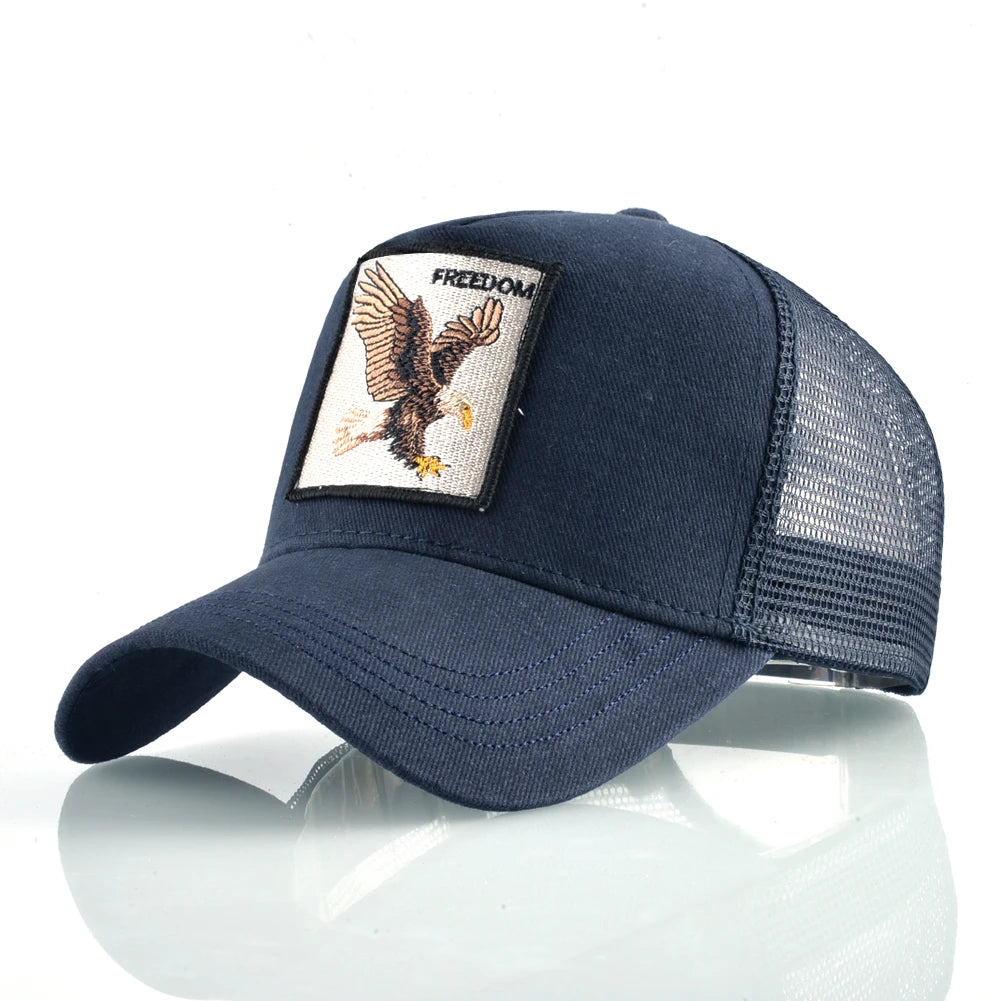 Gorras de camionero de moda con parche bordado de cabra. Gorra de béisbol Snapback «Four Seasons» para hombre y mujer, con visera ajustable.