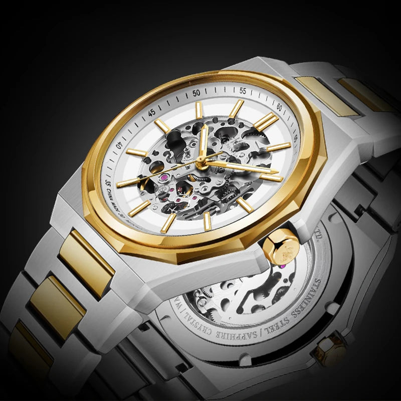 Shanghai Watch Dual Skeletonized Automatic Mechanical Watches 41mm Luminous Sapphire Men's Wristwatch 316L Stainless Steel S8008