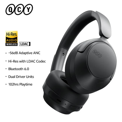 QCY H3S -56dB ANC adaptativa Auriculares Bluetooth 6.0 circumaurales – Auriculares inalámbricos Hi-Res LDAC, batería de 102H, sonido espacial con doble transductor