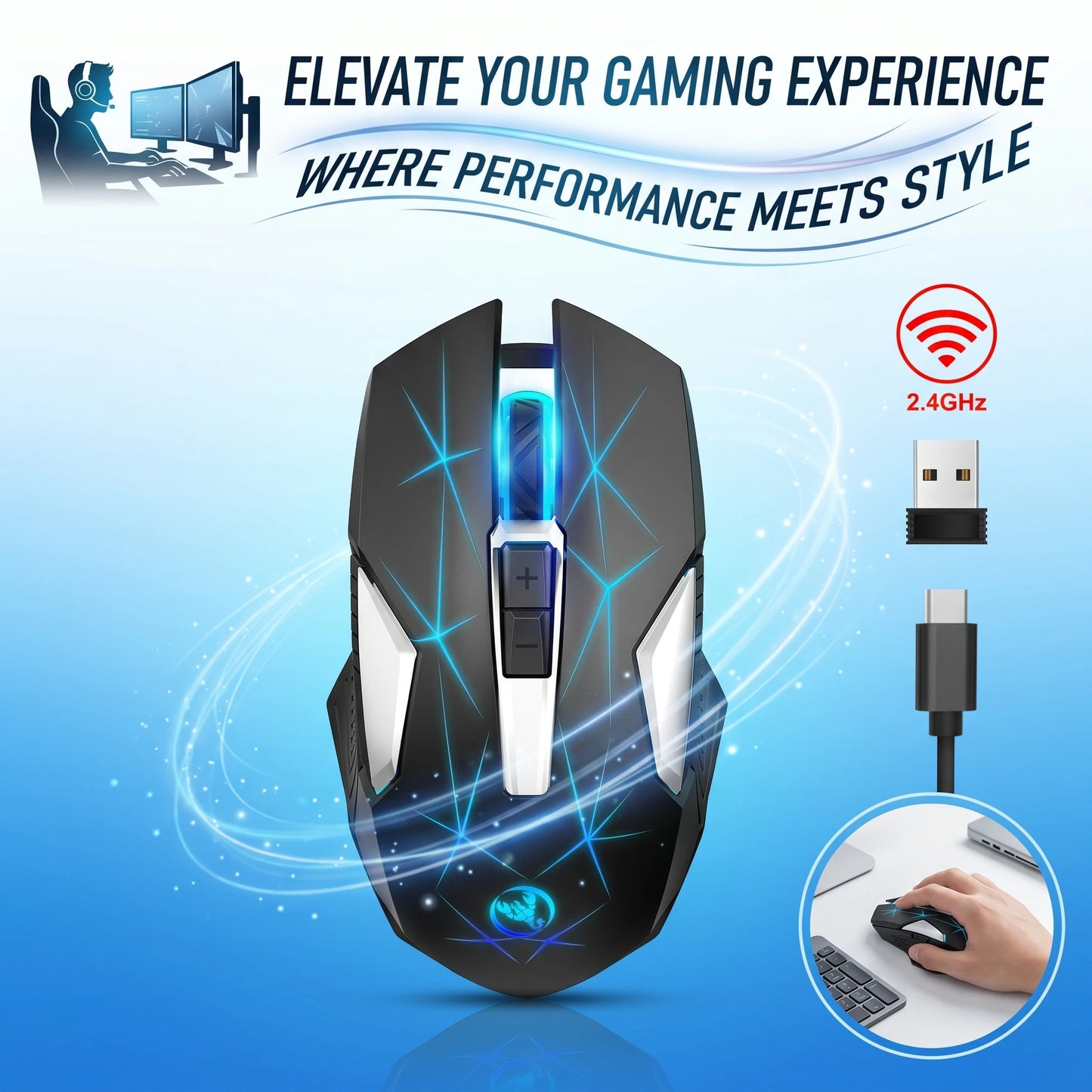 Wireless Gaming Mouse 2.4G Rechargeable Gaming Mouse with RGB Breathing Light, 2400 DPI, 6 Buttons, Instant Response Wireless Mouse for PC, Laptop & Gaming Switch