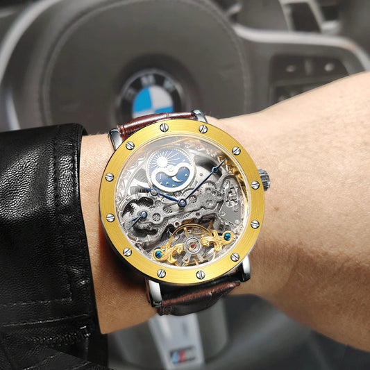 Pánské mechanické náramkové hodinky SKROX s automatickým nátahem, skeletový model s funkcí GMT, fázemi měsíce a tourbillonem – luxusní hodinky nejvyšší třídy, elegantní a originální.