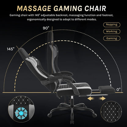 Fotel komputerowy obrotowy WOLTU z funkcją masażu, ergonomiczny fotel biurowy z poduszką i podnóżkiem, gamingowy fotel z regulacją wysokości