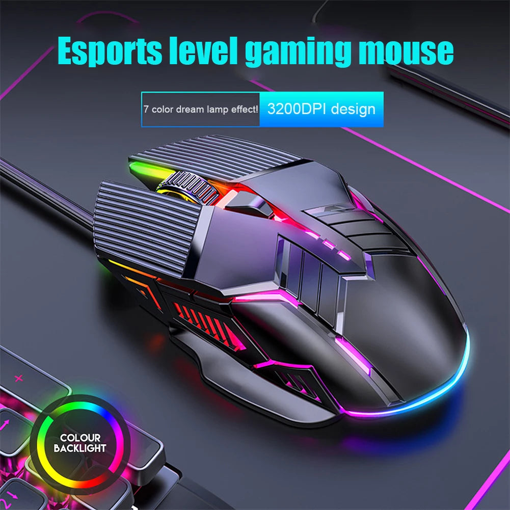 3200DPI ergonomisk trådbunden gamingmus USB datormus gamingmus med RGB-bakgrundsbelysning 6 knappar LED tyst mus för PC och laptop