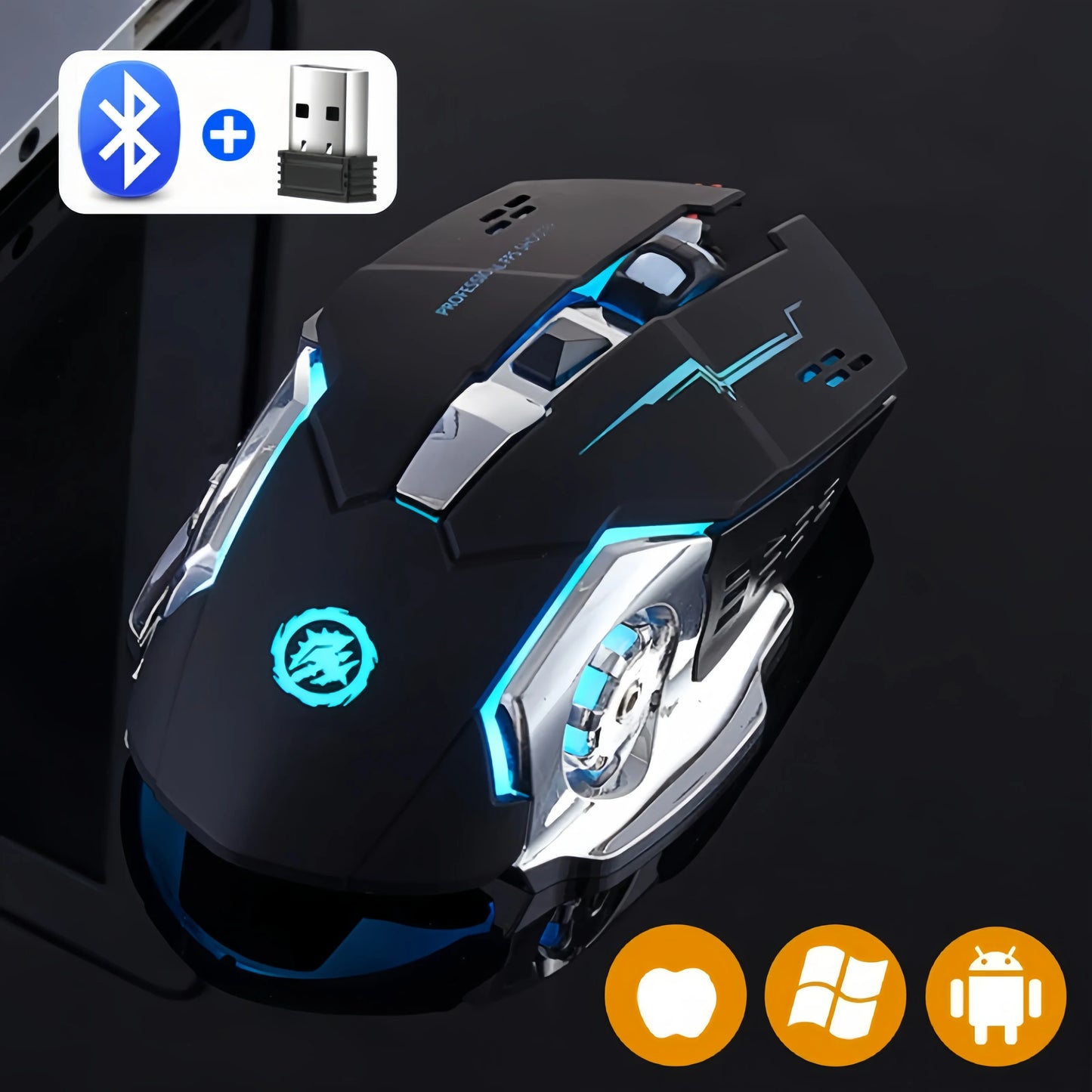 Uppladdningsbar trådlös gamingmus – tyst Bluetooth/USB, RGB-belysning, e-sport för PC