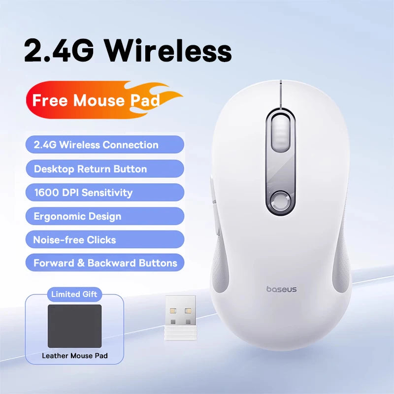 Baseus Wireless Mouse Bluetooth 5.3 Ergonomic Silent Mouse, 2.4GHz Rechargeable Office Mouse with 7 Buttons, Adjustable DPI for Laptop, MacBook, PC & Tablet