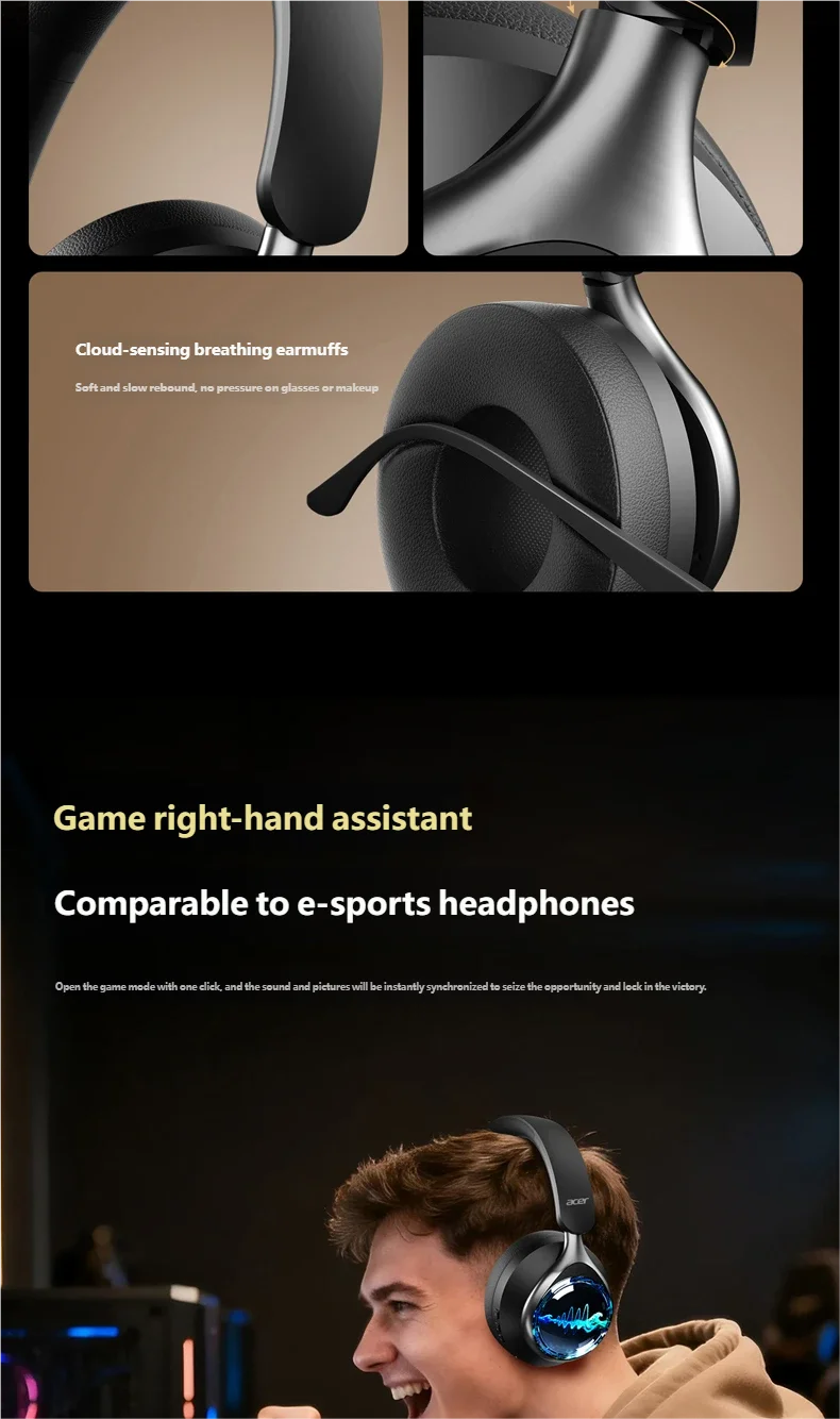 Acer OHR712 Wireless Bluetooth 6.0 Headphones, Foldable Over-Ear Bluetooth Headphones with Active Noise Cancellation, 360° Spatial Sound, HiFi Deep Bass Headset for Travel, Home & Office