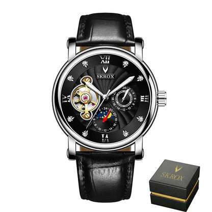 Luksusowy męski zegarek mechaniczny z automatycznym naciągiem, sygnowany przez renomowaną markę, wyposażony w tourbillon, wskaźnik faz księżyca i diamenty – elegancki zegarek na rękę.