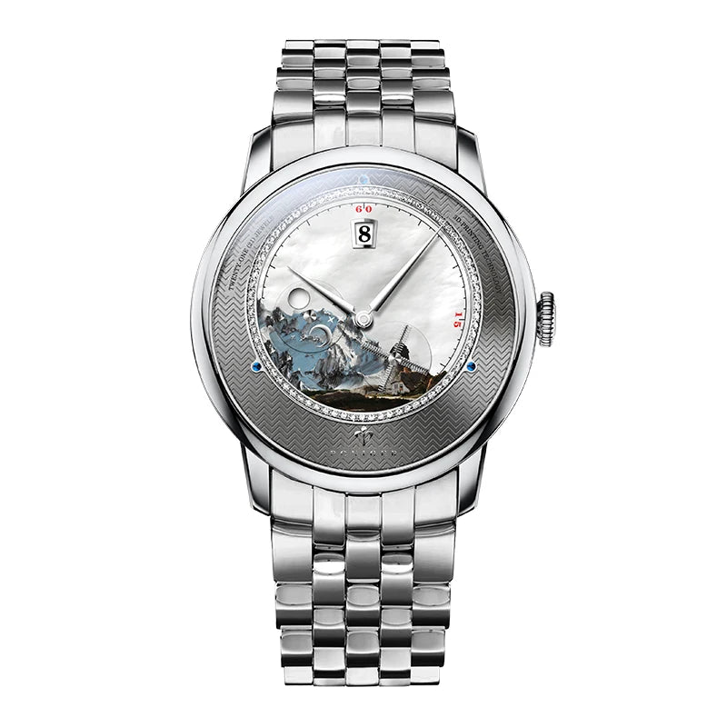PONIGER Sapphire Crystal Glass Wrist Watch Painting Dial Man Leather Automatic Wristwatch MIYOTA 8219