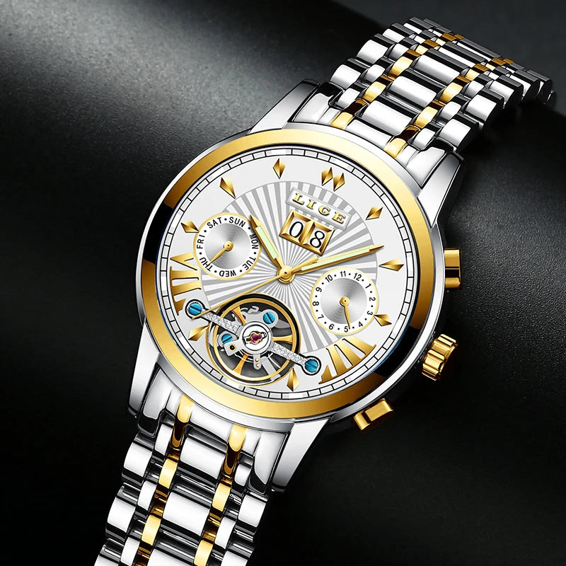 Pánské mechanické náramkové hodinky s automatickým nátahem LIGE – luxusní hodinky nejvyšší třídy s tourbillonem, elegantní a vodotěsný model, ideální pro práci i formální příležitosti.