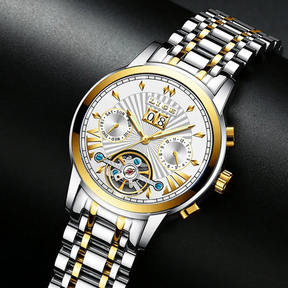 Pánské mechanické náramkové hodinky s automatickým nátahem LIGE – luxusní hodinky nejvyšší třídy s tourbillonem, elegantní a vodotěsný model, ideální pro práci i formální příležitosti.