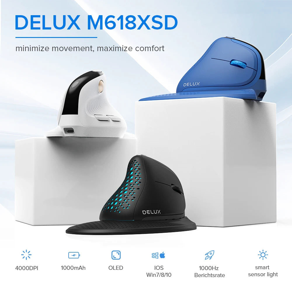 Delux M618XSD Seeker ergonominen pystysuuntainen hiiri OLED-näytöllä, 4000DPI, ladattava 1000mA akku, irrotettava takakansi tietokoneelle