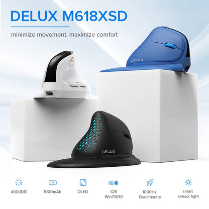 Delux M618XSD Seeker ergonominen pystysuuntainen hiiri OLED-näytöllä, 4000DPI, ladattava 1000mA akku, irrotettava takakansi tietokoneelle