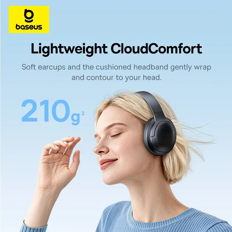 Baseus BH1 Lite Bluetooth 6.0 Wireless Headphones with Super Bass, ENC Clear Calls, 80H Playtime, Over Ear Headset for Gaming & Music