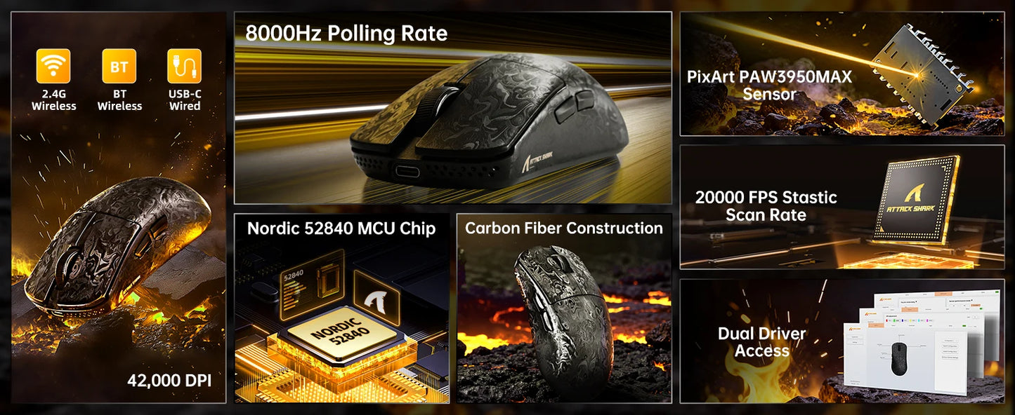 Mouse de gaming wireless ATTACK SHARK R11 ULTRA din fibră de carbon, 8000Hz, PAW3950MAX, 42000DPI, greutate redusă 49g, 20000FPS, Nordic 52840