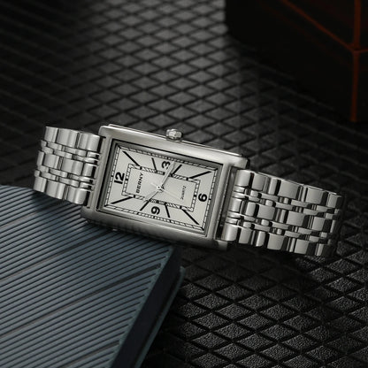 Męski zegarek BERNY o kwadratowej kopercie – mechanizm kwarcowy, tarcza z cyframi rzymskimi, luminescencyjny wyświetlacz, koperta ze stali nierdzewnej 316L – elegancki i swobodny zegarek o prostokątnej kopercie