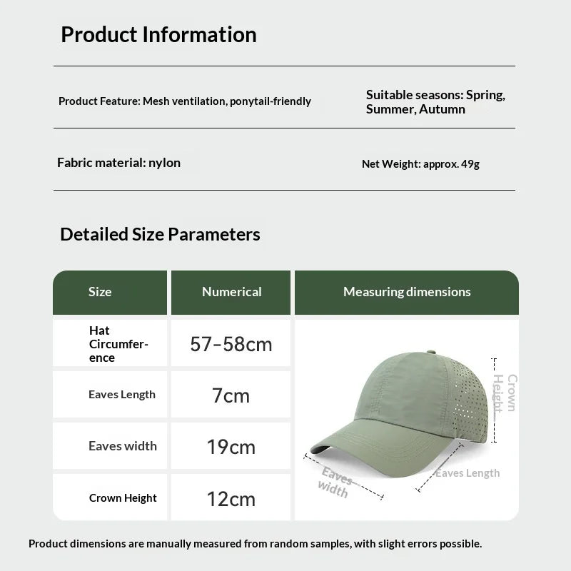 1 unidad de gorras de béisbol con lengüeta de secado rápido para mujer, protección de verano, malla transpirable, gorra transpirable, elegante y ajustable, ideal para llevar la coleta.