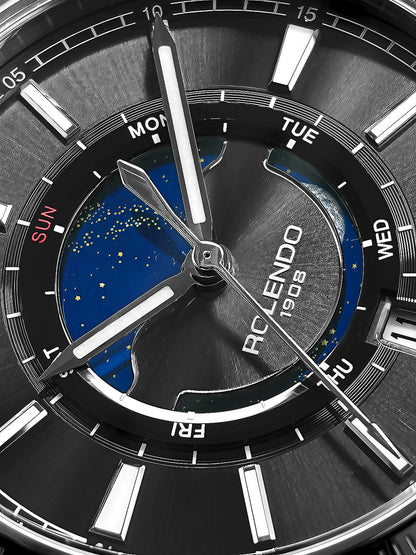 ROLENDO 1908 Men Automatic Mechanical Watch 21 Jewels Black Genuine Leather Business Wristwatch Waterproof Luxury Male Timepiece