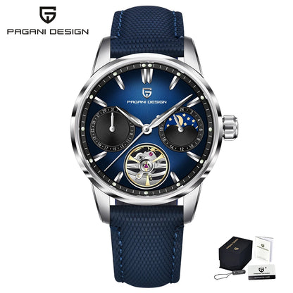 PAGANI DESIGN – Relógio mecânico de luxo para homem, 41 mm, vidro de safira, bracelete em pele, estanque, estilo piloto, com turbilhão e fase lunar