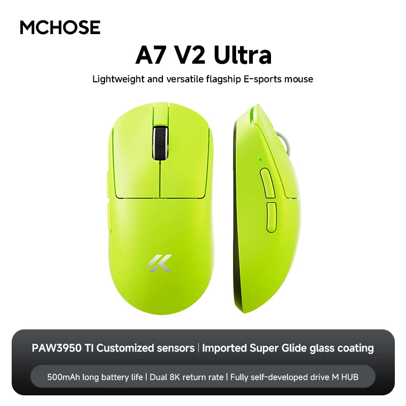 MCHOSE A7 V2 Wireless Gaming Mouse, Tri-Mode Bluetooth 8K Lightweight Esports Mouse with PAW3950 Sensor, 42000 DPI Ergonomic Gaming Mouse