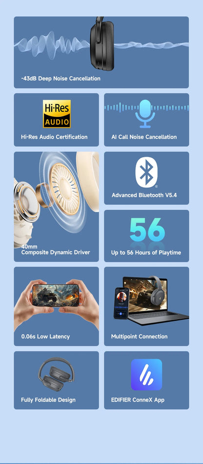 EDIFIER WH700NB Pro -43dB Hybrid ANC Wireless Over-Ear Headphones Bluetooth 5.4 Hi-Res 56H Playtime Fast Charging AI Clear Calls