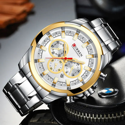 Pánské chronografové hodinky CURREN, velký ciferník o průměru 48 mm, náramek z nerezové oceli, tři pomocné ciferníky, sportovní náramkové hodinky s quartzovým strojkem, luxusní styl