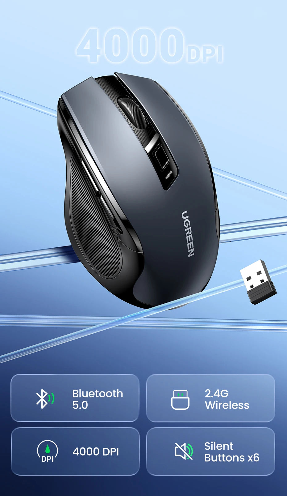 UGREEN Wireless Mouse Bluetooth 5.0 & 2.4G Ergonomic Mouse, 4000 DPI Silent Wireless Mouse with 6 Buttons for Laptop, MacBook, PC & Tablet