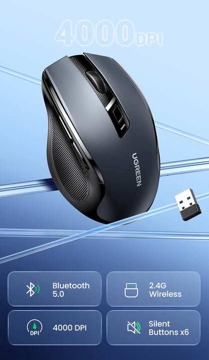 UGREEN Wireless Mouse Bluetooth 5.0 & 2.4G Ergonomic Mouse, 4000 DPI Silent Wireless Mouse with 6 Buttons for Laptop, MacBook, PC & Tablet
