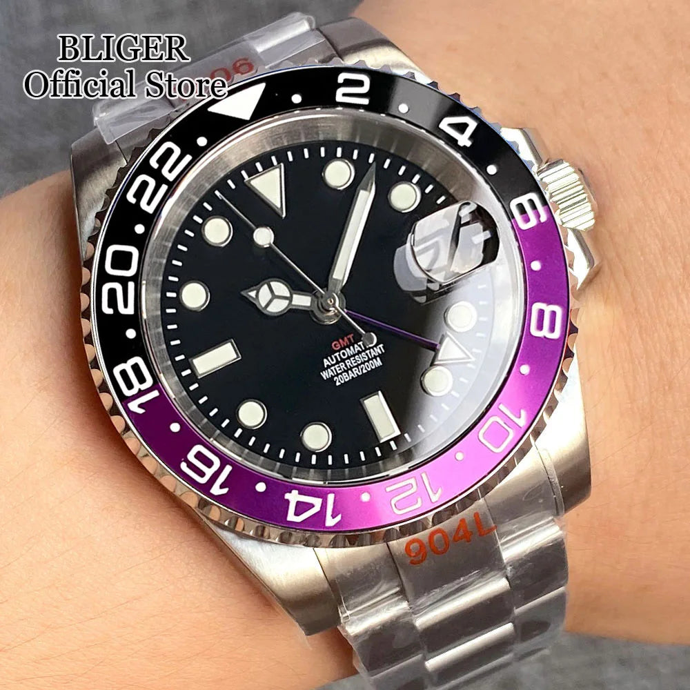 NH34A 200M Waterproof 40mm NH34 GMT Sapphire Luminous Automatic Movement Diving Watch Men Steel Bracelet Black Grey Insert
