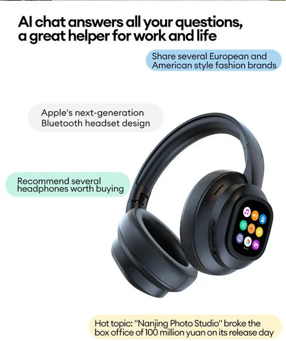 AI LCD Touch Screen Wireless Bluetooth Headphones – ANC Noise Cancelling Deep Bass Gaming Headset with HD Mic