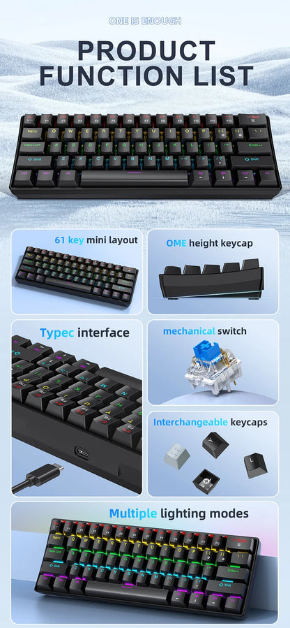 APAYADO K61 Mini Mechanical Keyboard 61-Key Wired Gaming Keyboard with Hot-Swappable Red/Blue Switches, RGB Backlit 60% Compact Mechanical Keyboard