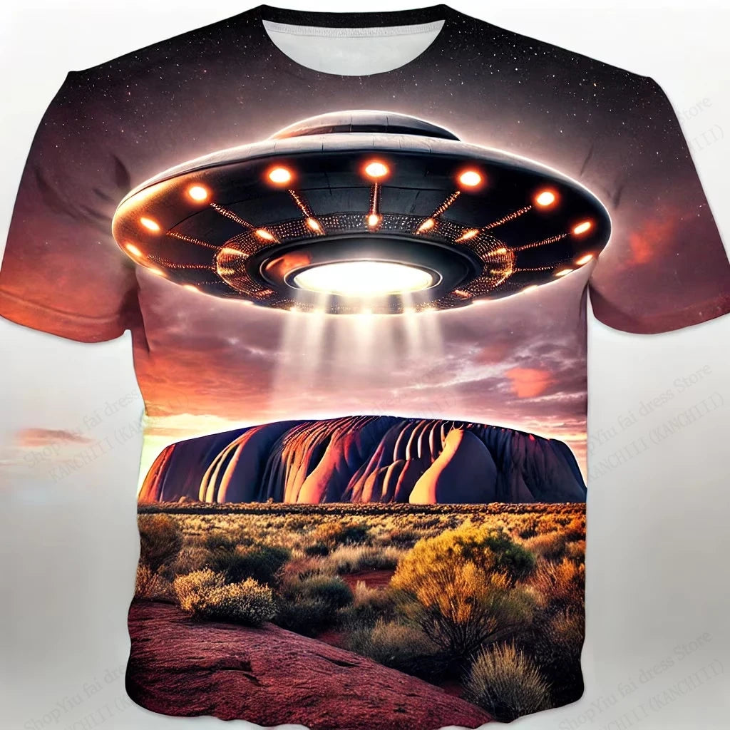 Summer UFO Alien 3d Print T-shirt Men Fashion Casual O-Neck Short Sleeve Tshirt Funny Mysterious Spaceship Tops Tees Men Clothes