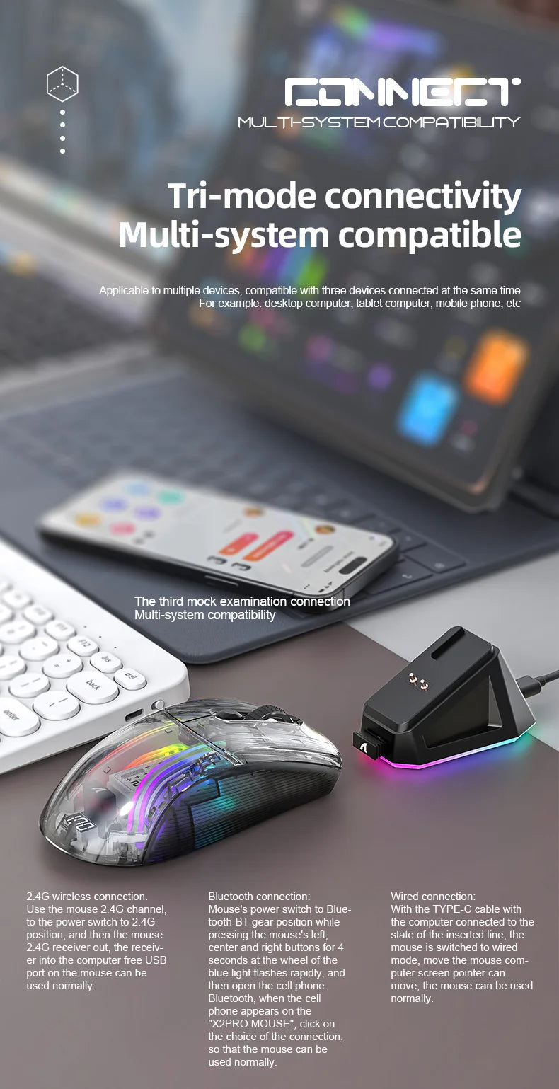 Attack Shark X2PRO Bluetooth Mouse Tri-Mode Wireless RGB Gaming Mouse with Magnetic Charging Dock, Transparent Design, Battery Indicator for PC, Laptop & Mobile