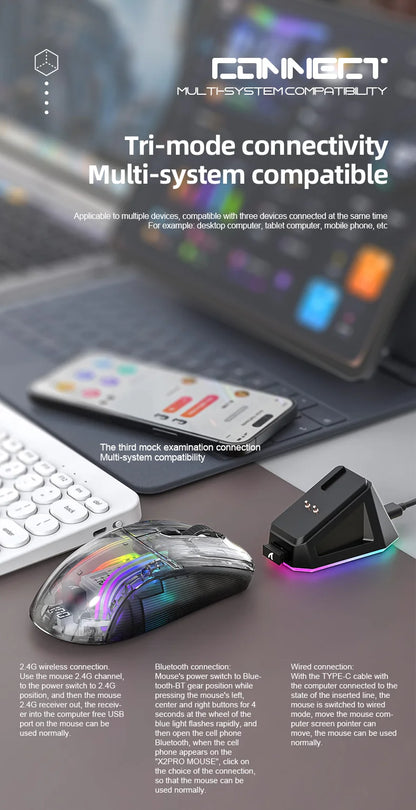 Attack Shark X2PRO Bluetooth Mouse Tri-Mode Wireless RGB Gaming Mouse with Magnetic Charging Dock, Transparent Design, Battery Indicator for PC, Laptop & Mobile