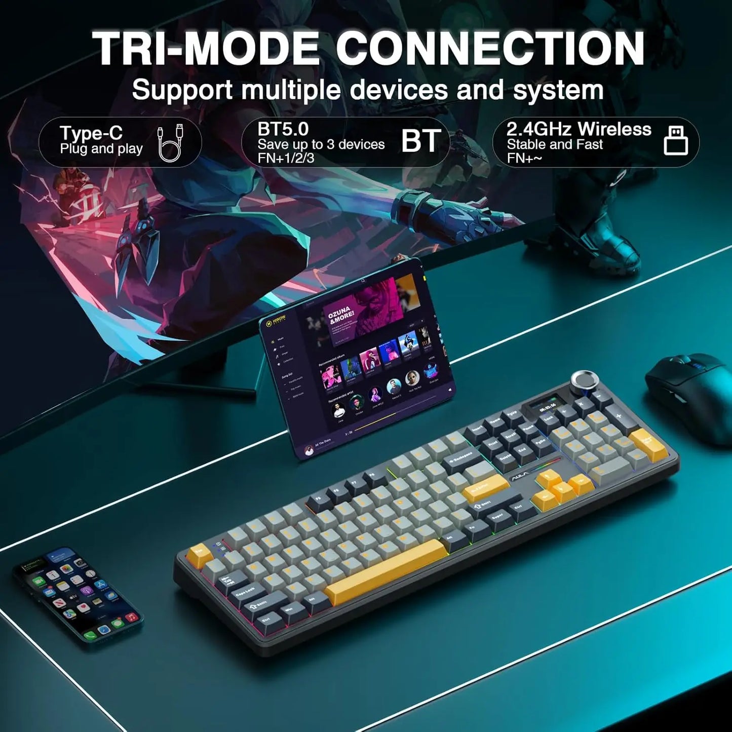 AULA F108 PRO Wireless Mechanical Keyboard 3 Mode RGB Backlit Gaming Keyboard With Screen 8000mAh Battery 104 Keys Hot Swappable