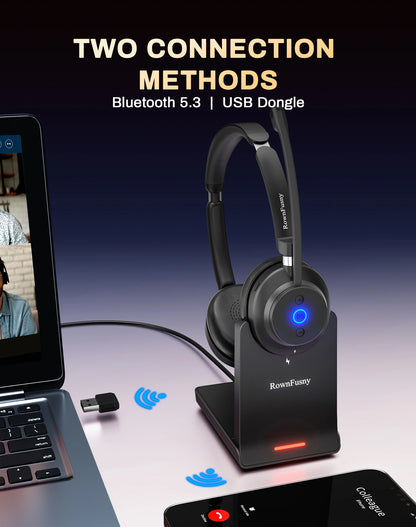 Rownfusny Wireless Headset with Mic for Work Bluetooth Over Ear Headphones USB Dongle for Computer/Remote Work/Call Center