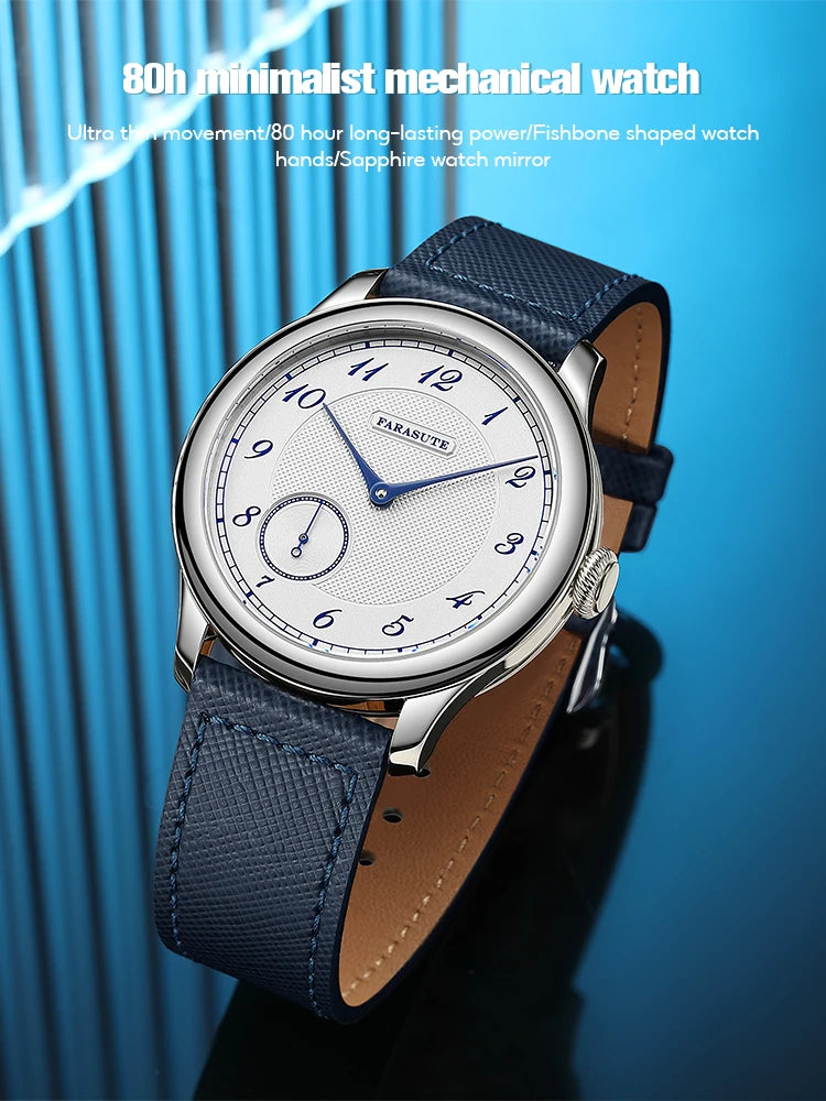 FARASUTE NEW Machinery Herrenuhr mit lachsfarbenem Zifferblatt, ST17 Handaufzug-Mechanikuhr, Kleine Sekunde, Vintage-Bonklip-Armband