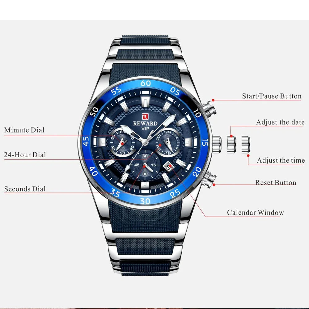 REWARD Men's Watches 81011M Sports Silicone Quartz Men's Watch Waterproof Calendar Chronograph Luminous Watches Men