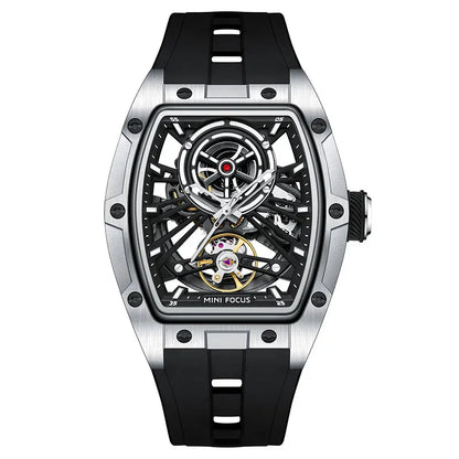 MINI FOCUS Men's Wristwatch Fashion Black Waterproof Automatic Mechanical Watch with Luminous Hands Silicone Strap Tonneau Dial