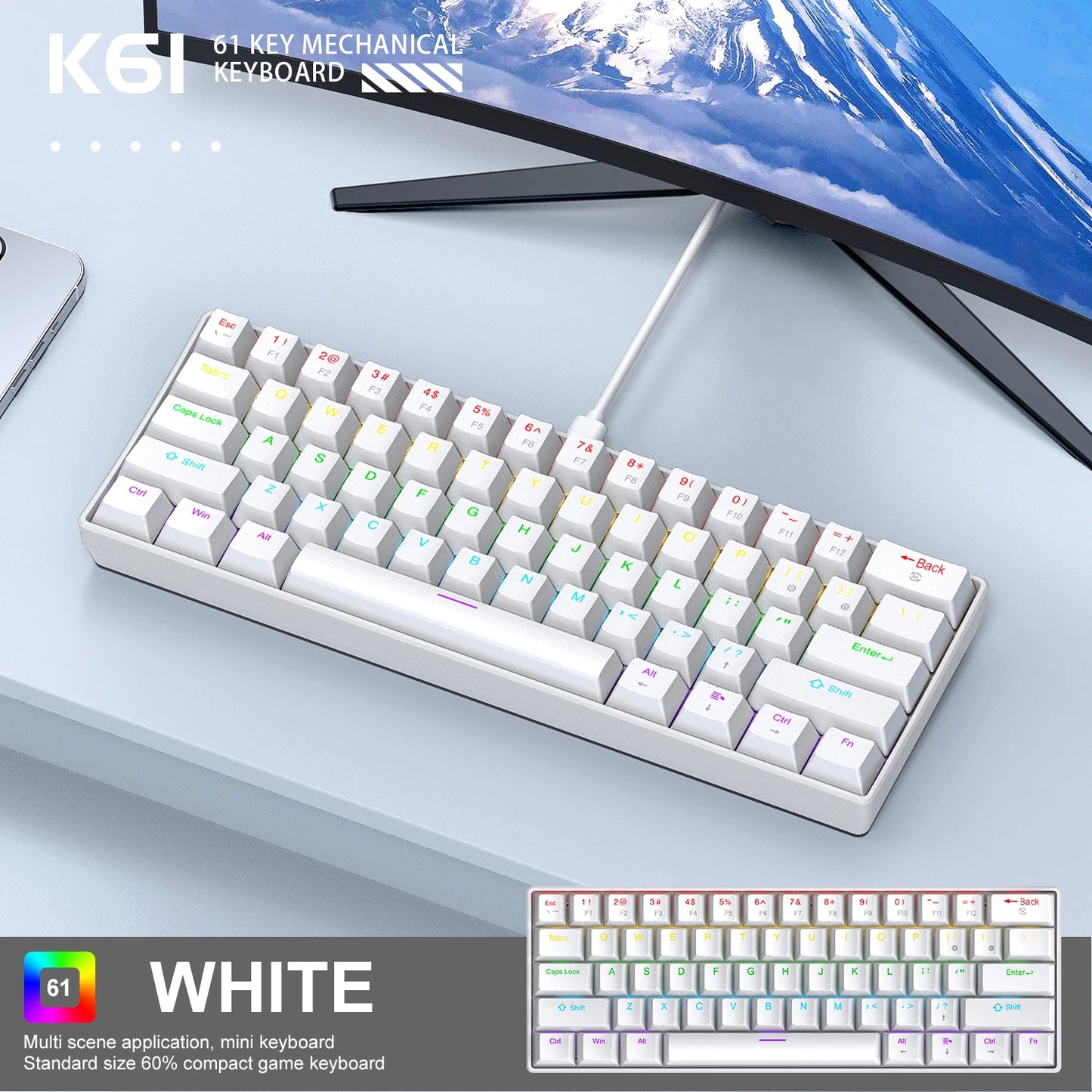 APAYADO K61 Mini Mechanical Keyboard 61-Key Wired Gaming Keyboard with Hot-Swappable Red/Blue Switches, RGB Backlit 60% Compact Mechanical Keyboard