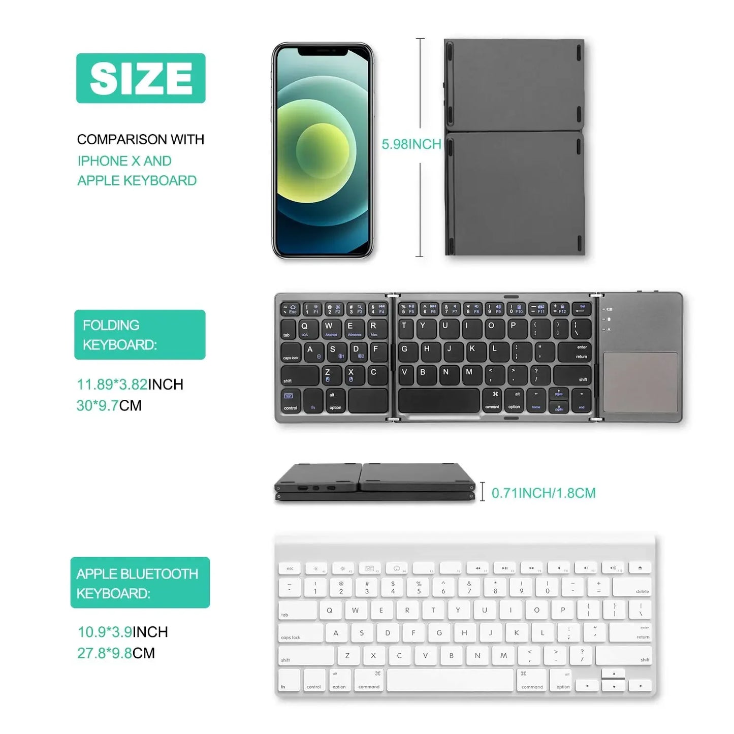 Russian/Spanish/English B033 Mini Foldable keyboard, Wireless Bluetooth Keyboard Recharger with Touchpad for Windows Android IOS