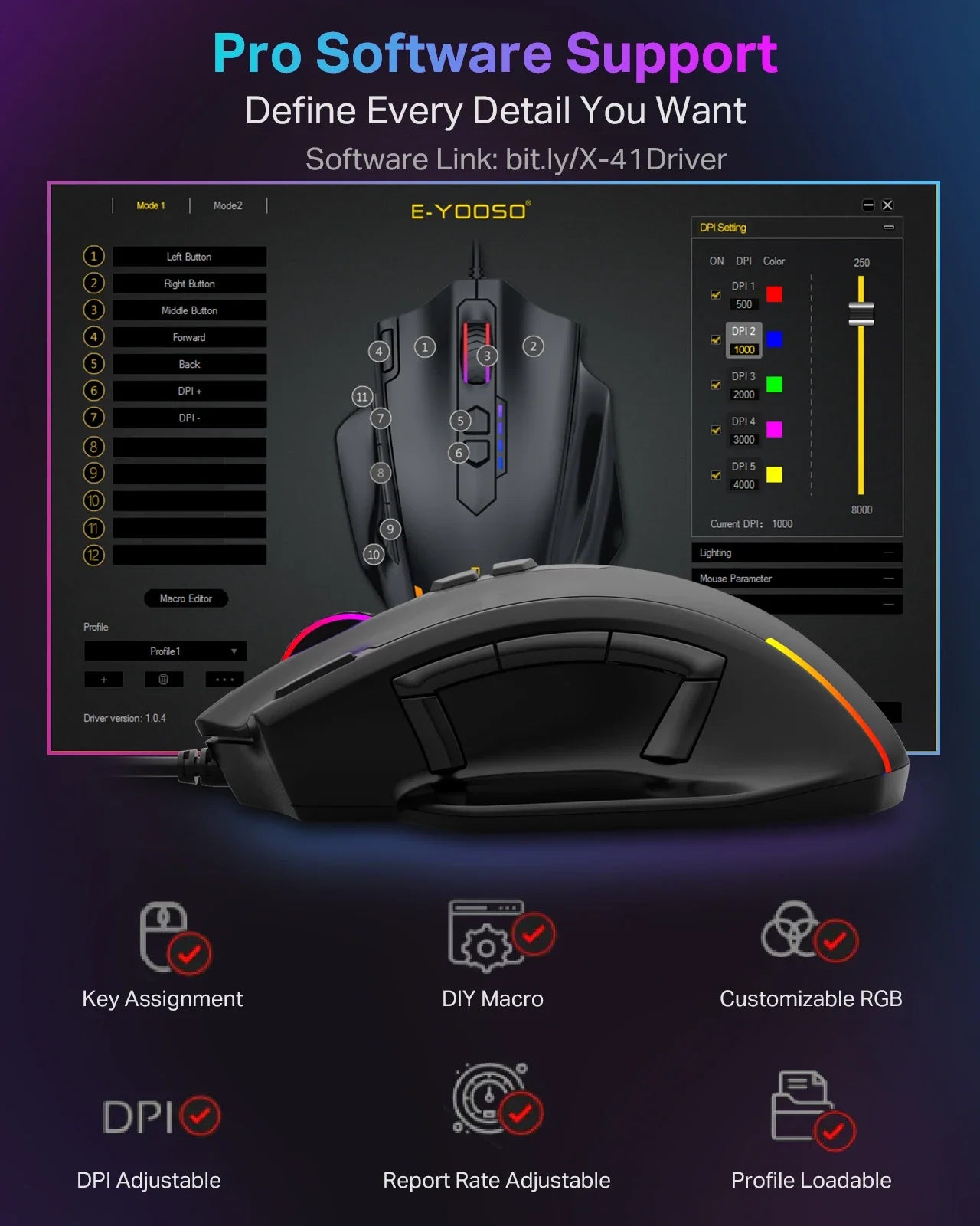 E-YOOSO X-41 Pro USB Wired Gaming Mouse, RGB Programmable Gaming Mouse with 12400 DPI, 11 Programmable Buttons, Ergonomic Optical Mouse for PC & Laptop