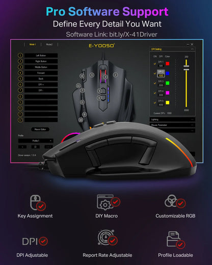E-YOOSO X-41 Pro USB Wired Gaming Mouse, RGB Programmable Gaming Mouse with 12400 DPI, 11 Programmable Buttons, Ergonomic Optical Mouse for PC & Laptop