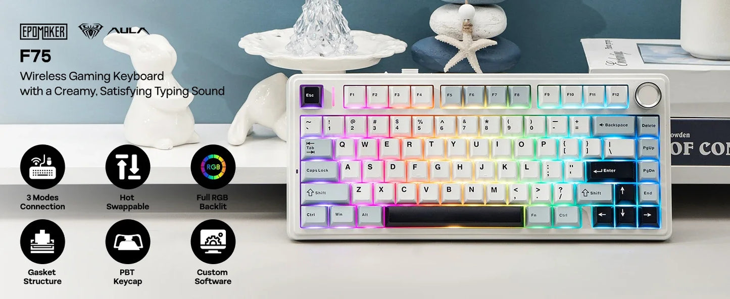 The New Hot-Selling EPOMAKER x AULA F75 75% ANSI Hot-Swappable Washer Bluetooth 5.0/2.4G Wireless/wired Mechanical Keyboard PBT